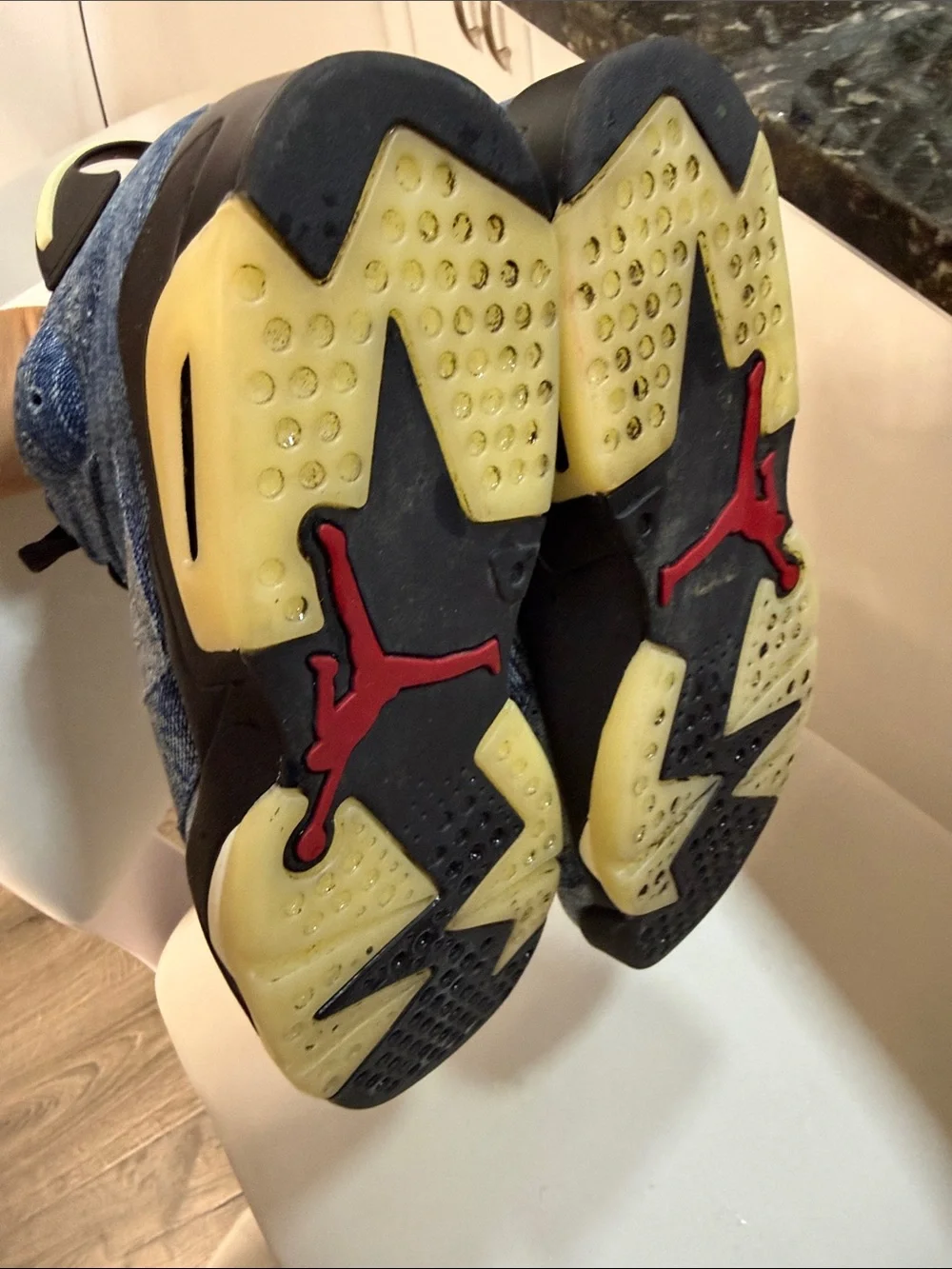 Nike High-Top Denim-Look Sneakers in Blue, Black & Tan with Red Lace Locks